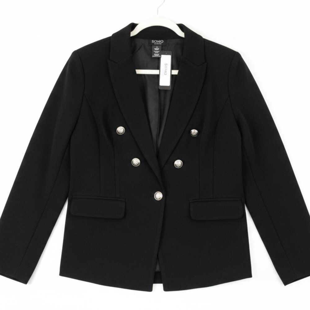 SOHO Apparel Women Blazer Jacket Medium Black Stretch Comfort Silver Buttons NWT